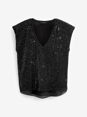 Black Short Sleeve V-Neck Sequin Top - Image 1 of 2