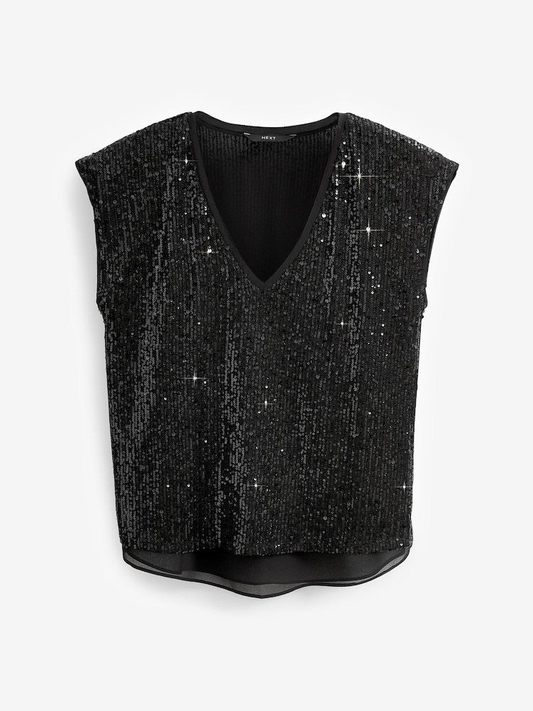 Black Short Sleeve V-Neck Sequin Top - Image 1 of 6 Black Short Sleeve V-Neck Sequin Top - Image 1 of 6