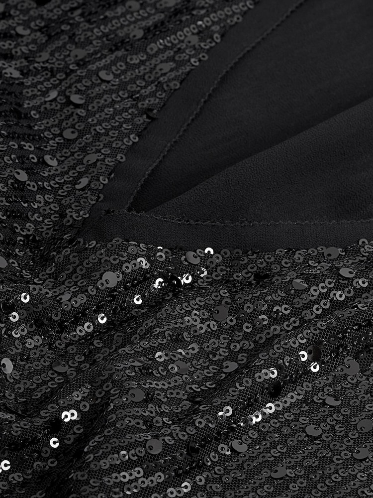 Black Short Sleeve V-Neck Sequin Top - Image 2 of 6 Black Short Sleeve V-Neck Sequin Top - Image 2 of 6