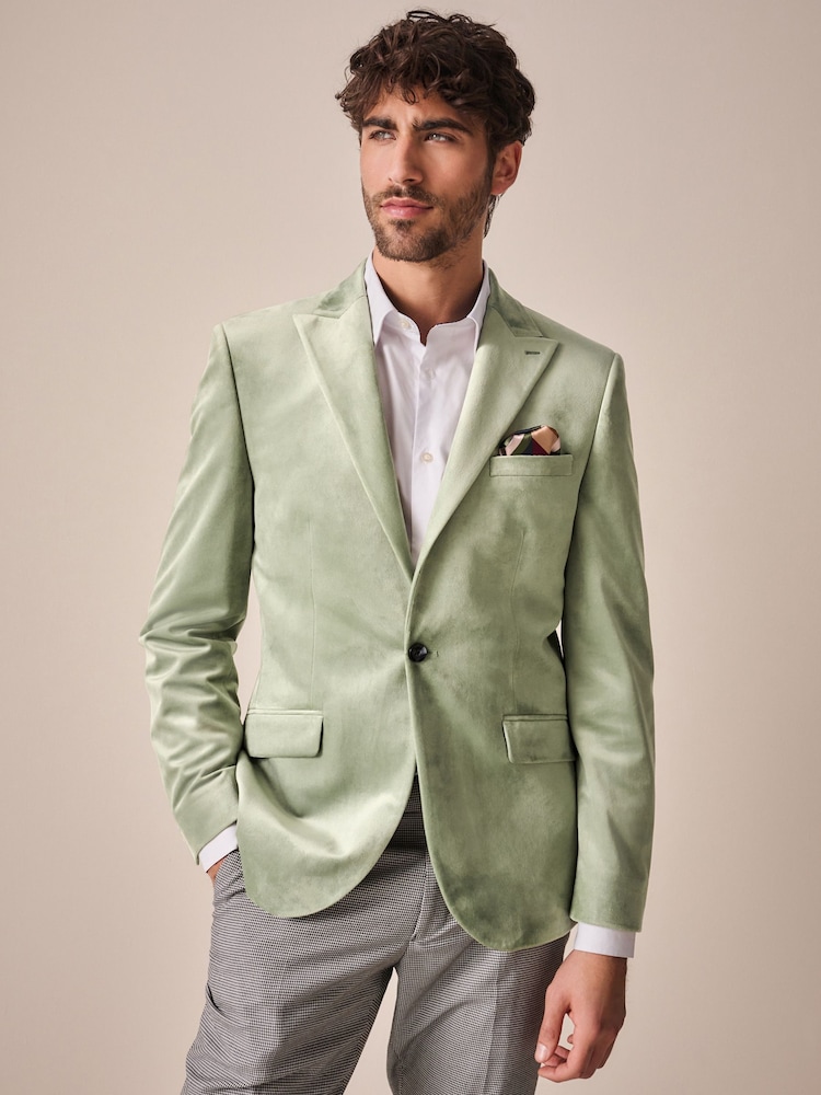 Green Slim Fit Self Lapel Velvet Blazer - Image 1 of 7