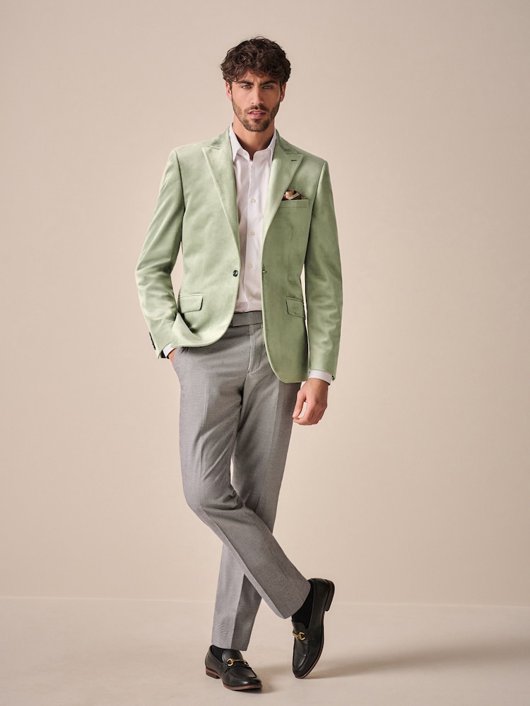Green Slim Fit Self Lapel Velvet Blazer - Image 2 of 7