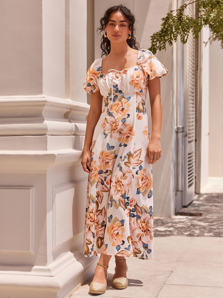 Floral 100% Cotton Puff Sleeve Midi Dress - Image 2 of 8