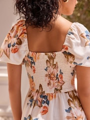 Floral 100% Cotton Puff Sleeve Midi Dress - Image 5 of 8