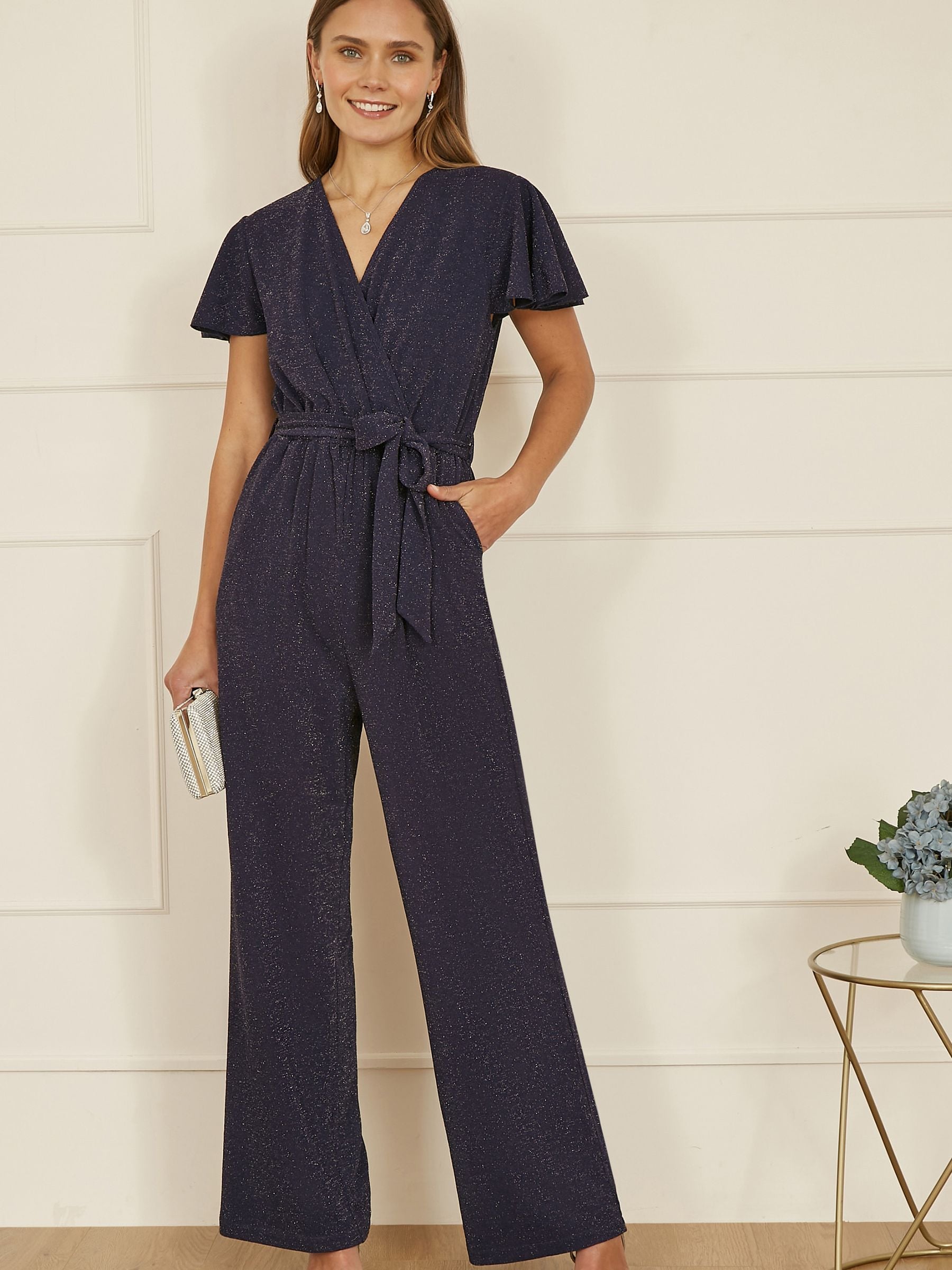 Yumi Women's Blue Sparkle Stretch Wrap Over Jumpsuit - Image 1