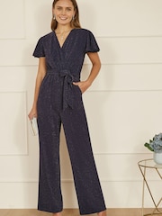 Yumi Blue Sparkle Stretch Wrap Over Jumpsuit - Image 1 of 4