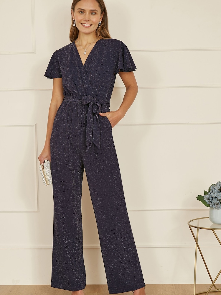 Yumi Blue Sparkle Stretch Wrap Over Jumpsuit - Image 1 of 4