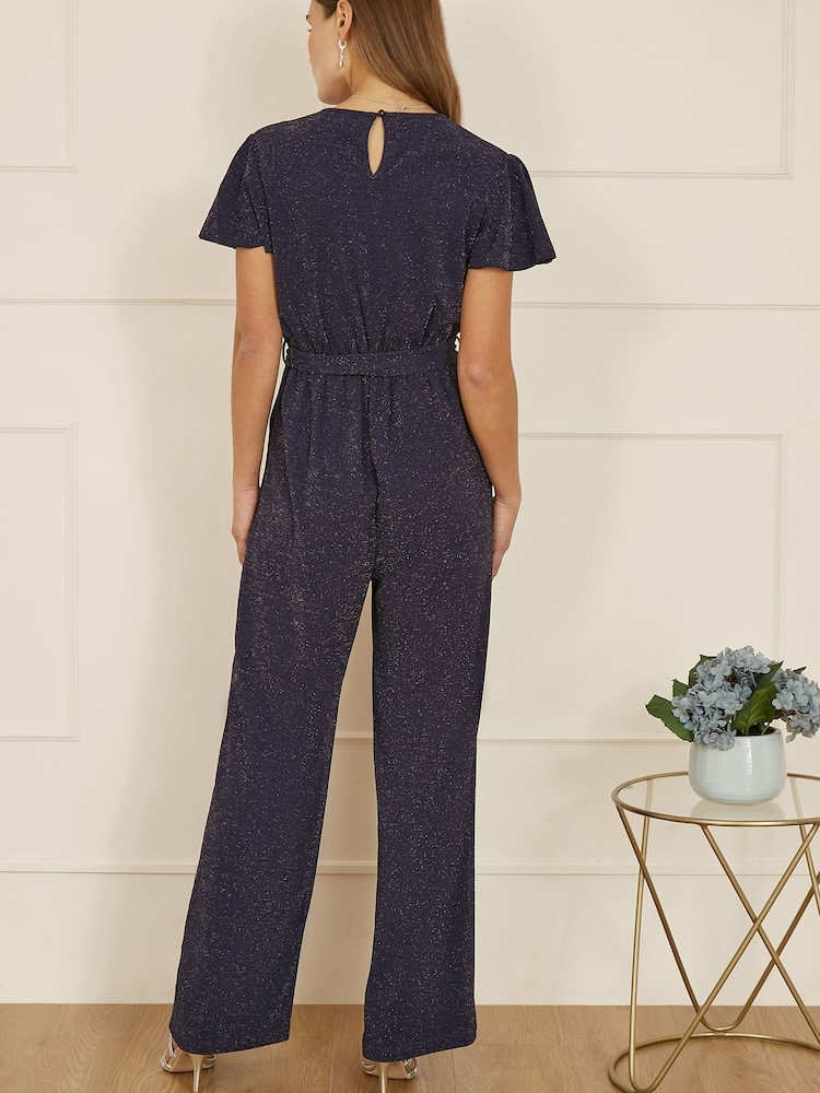 Yumi Blue Sparkle Stretch Wrap Over Jumpsuit - Image 2 of 4