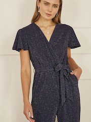 Yumi Blue Sparkle Stretch Wrap Over Jumpsuit - Image 4 of 4