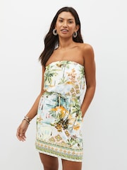 Yellow Tropical Print 100% Cotton Jersey Bandeau Summer Mini Dress - Image 1 of 5