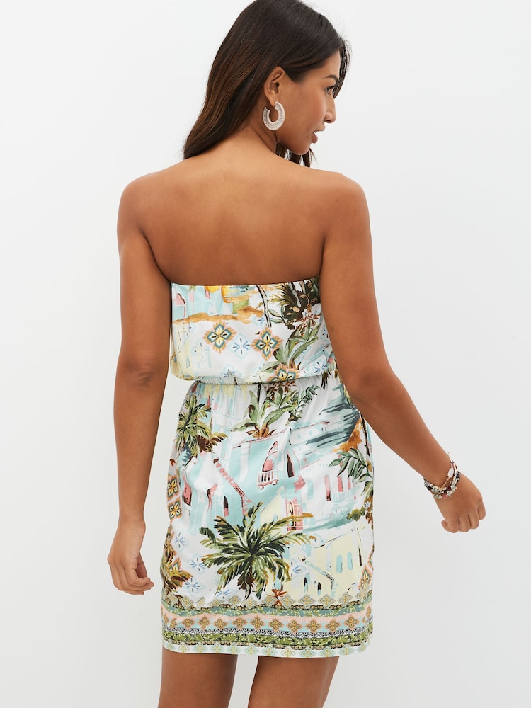 Yellow Tropical Print 100% Cotton Jersey Bandeau Summer Mini Dress - Image 2 of 5