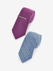 Fuchsia Pink/Blue Textured Tie With Tie Clips 2 Pack - Image 1 of 6