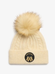 Superdry Oatmeal White 100% Cotton Cable Luxe Knit Beanie Hat - Image 1 of 3