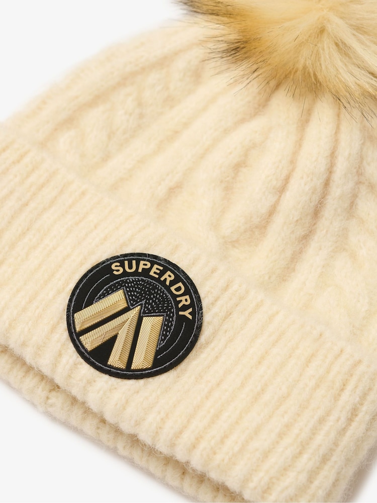 Superdry Oatmeal White 100% Cotton Cable Luxe Knit Beanie Hat - Image 2 of 3