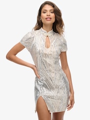 Superdry Silver Deco Sequin Mandarin Sequin Mini Dress - Image 1 of 4