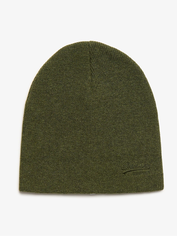 Superdry Deep Army Green Marl 100% Cotton Essential Logo Knitted Beanie - Image 1 of 4 Superdry Deep Army Green Marl 100% Cotton Essential Logo Knitted Beanie - Image 1 of 4