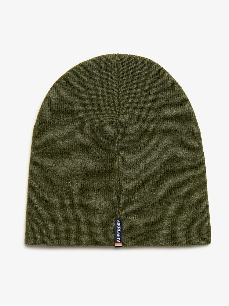 Superdry Deep Army Green Marl 100% Cotton Essential Logo Knitted Beanie - Image 2 of 4 Superdry Deep Army Green Marl 100% Cotton Essential Logo Knitted Beanie - Image 2 of 4