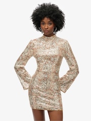 Superdry Paisley Sequin Long Sleeve Printed Sequin 100% Cotton Mini Dress - Image 2 of 6