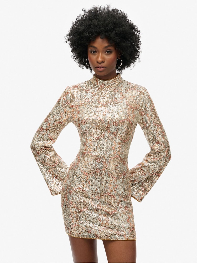 Superdry Paisley Sequin Long Sleeve Printed Sequin 100% Cotton Mini Dress - Image 2 of 6