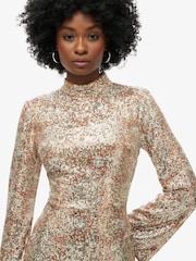 Superdry Paisley Sequin Long Sleeve Printed Sequin 100% Cotton Mini Dress - Image 4 of 6