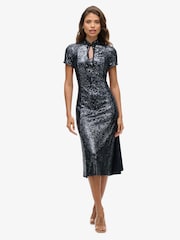 Superdry Gunmetal Sequin Mandarin Sequin Midi Dress - Image 1 of 3