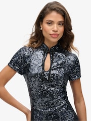 Superdry Gunmetal Sequin Mandarin Sequin Midi Dress - Image 3 of 3