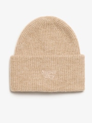 Superdry Toasted Coconut Brown Soft Rib Knit Winter Beanie 100% Cotton Hat - Image 1 of 3