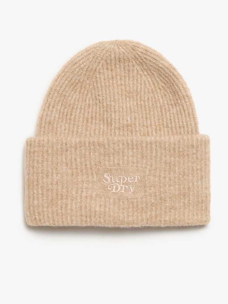 Superdry Toasted Coconut Brown Soft Rib Knit Winter Beanie 100% Cotton Hat - Image 1 of 3