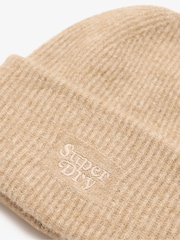 Superdry Toasted Coconut Brown Soft Rib Knit Winter Beanie 100% Cotton Hat - Image 2 of 3