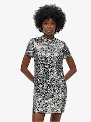 Superdry Silver Sequin Sequin T-Shirt Mini Dress - Image 1 of 5