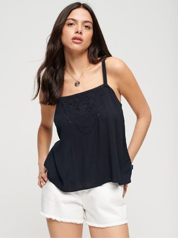 Superdry Blue Embroidered Cami Top - Image 1 of 5 Superdry Blue Embroidered Cami Top - Image 1 of 5
