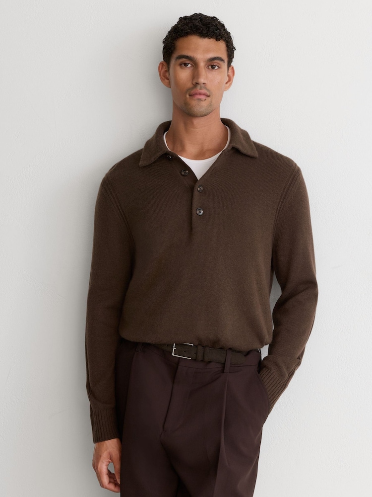 Reiss Soft Brown County Wool-Cashmere Half-Button Polo Jumper - Image 1 of 6 Reiss Soft Brown County Wool-Cashmere Half-Button Polo Jumper - Image 1 of 6