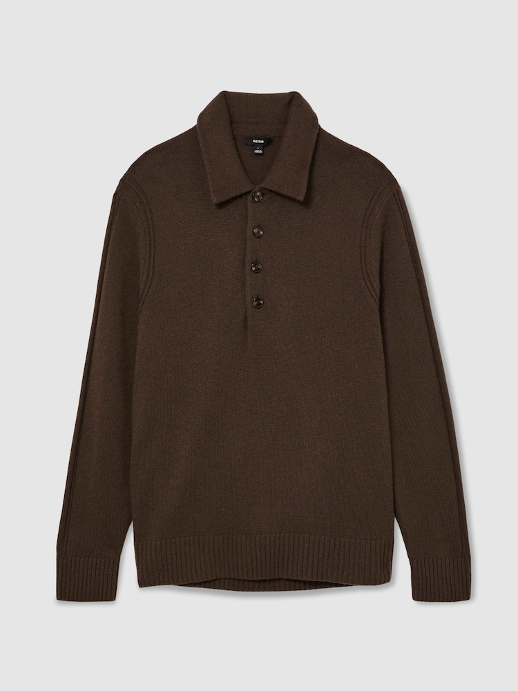 Reiss Soft Brown County Wool-Cashmere Half-Button Polo Jumper - Image 2 of 6 Reiss Soft Brown County Wool-Cashmere Half-Button Polo Jumper - Image 2 of 6