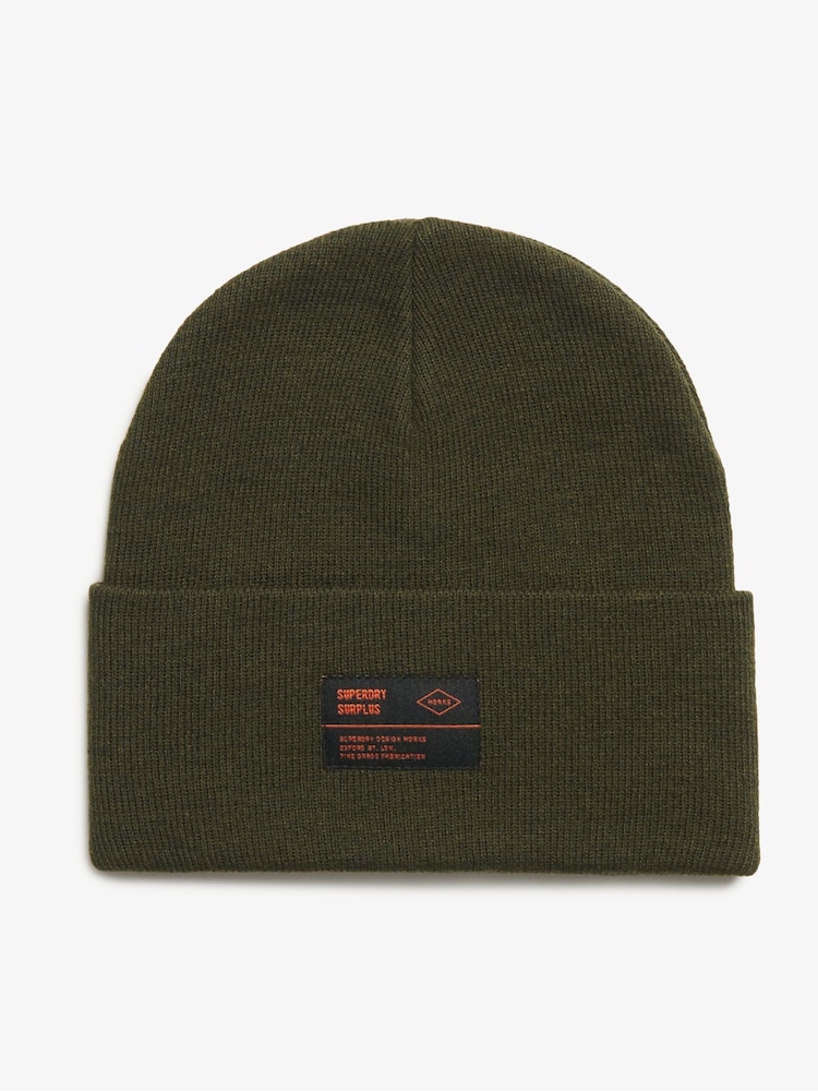Superdry Olive Green 100% Cotton Surplus Knitted Beanie Hat - Image 1 of 2