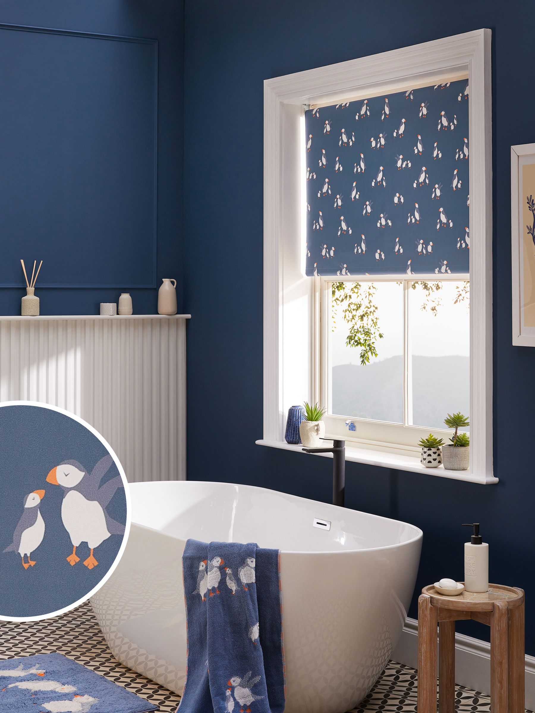 Buy Blue Ready Made Blackout Bathroom Roller Blind Puffin Print from