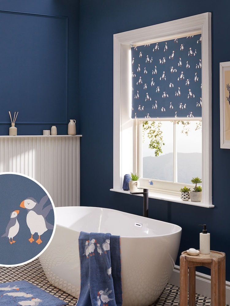 Blue Ready Made Blackout Bathroom Roller Blind Puffin Print - Image 1 of 6
