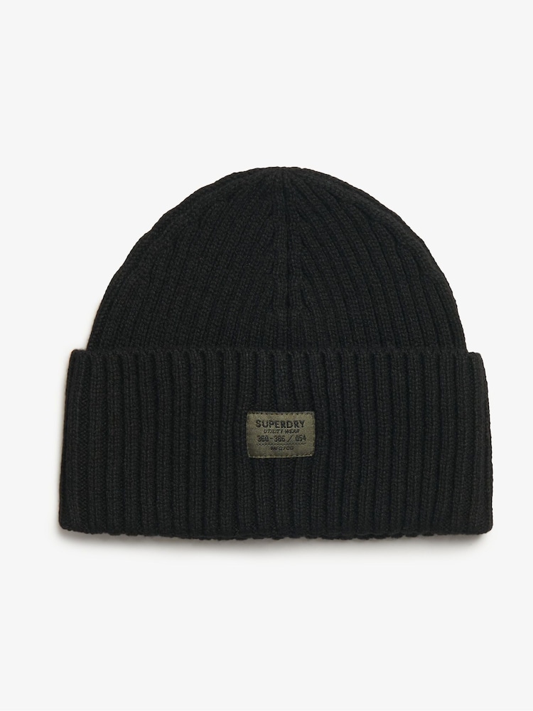 Superdry Black 100% Cotton Workwear Knitted Beanie Hat - Image 1 of 2