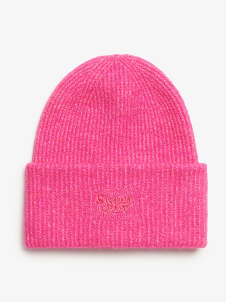 Superdry Hyper Magenta Pink Soft Rib Knit Winter Beanie 100% Cotton Hat - Image 1 of 2