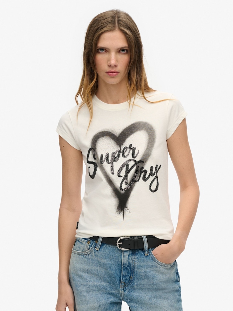 Superdry Winter White 100% Cotton Embellished Punk Cap Sleeve T-Shirt - Image 1 of 6