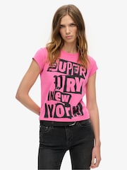 Superdry Sweet Fuschia Pink 100% Cotton Embellished Punk Cap Sleeve T-Shirt - Image 1 of 5