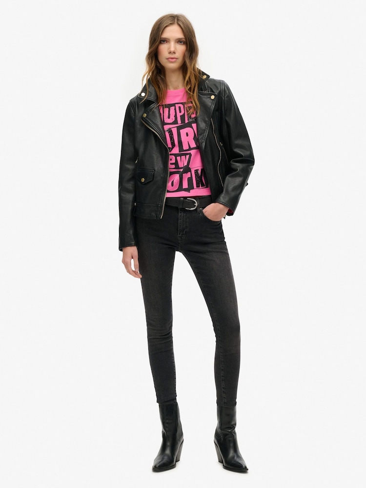 Superdry Sweet Fuschia Pink 100% Cotton Embellished Punk Cap Sleeve T-Shirt - Image 2 of 5