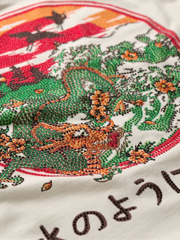 Superdry Off White 100% Cotton Tokyo Rhinestone Relaxed T-Shirt - Image 5 of 5