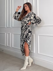 Girl In Mind Black Abstract Elsa Long Sleeve Wrap Asymmetric Dress - Image 4 of 4