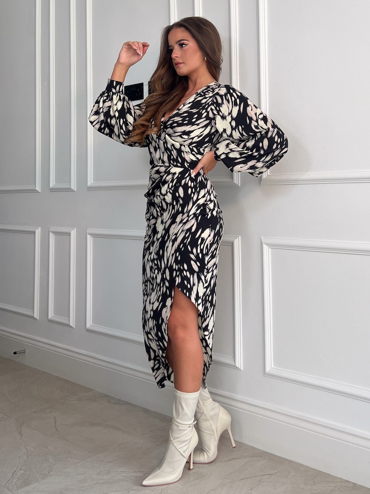 Girl In Mind Black Abstract Elsa Long Sleeve Wrap Asymmetric Dress - Image 4 of 4