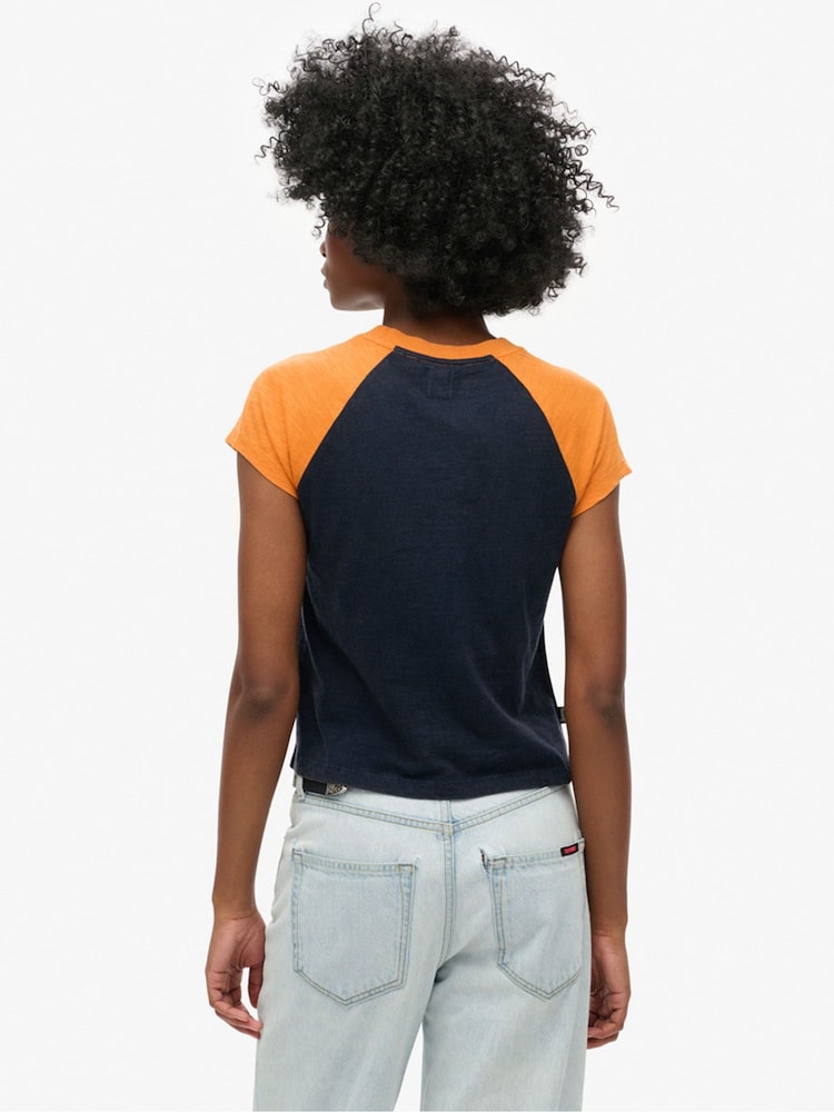 Superdry Track Gold/Rich Navy 100% Cotton Essential Logo Raglan T-Shirt - Image 2 of 6