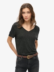 Superdry Black Metallic Studios Slub Embroidered V-Neck Relaxed T-Shirt - Image 1 of 5