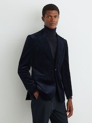 Reiss Navy Apsara Tailored Fit Velvet Single-Breasted Blazer - Image 1 of 8