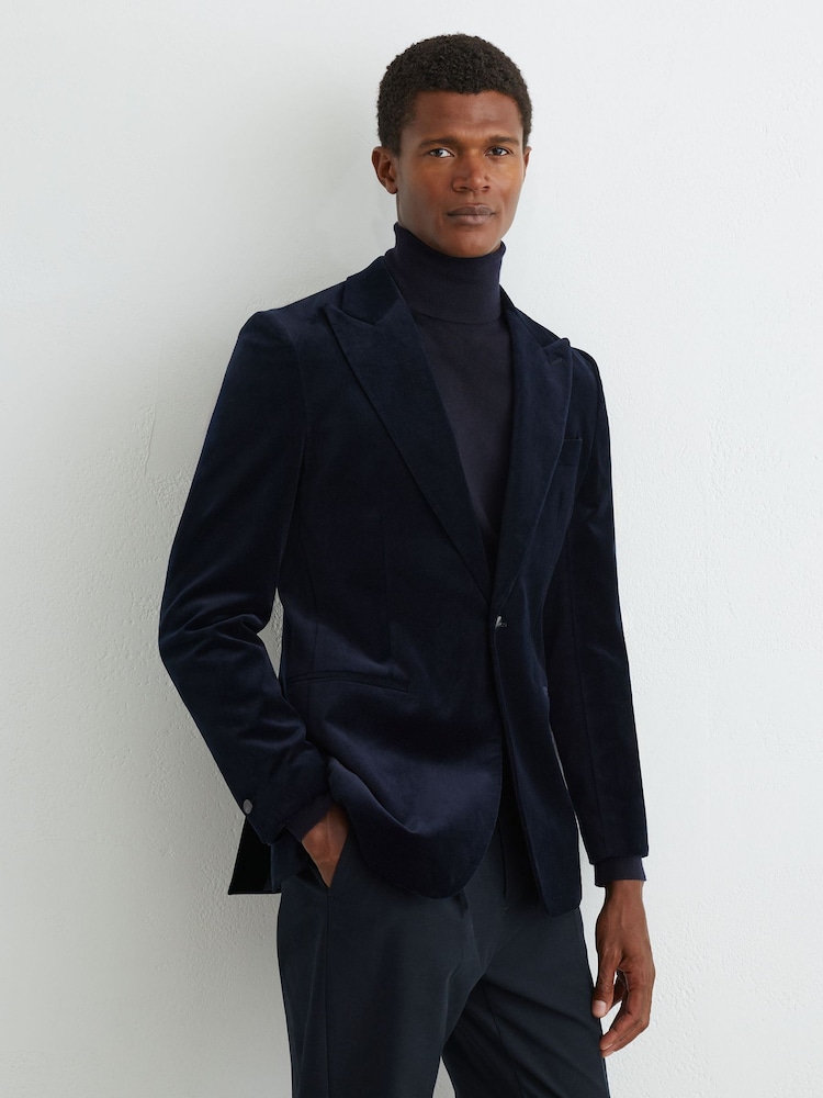Reiss Navy Apsara Tailored Fit Velvet Single-Breasted Blazer - Image 1 of 8 Reiss Navy Apsara Tailored Fit Velvet Single-Breasted Blazer - Image 1 of 8