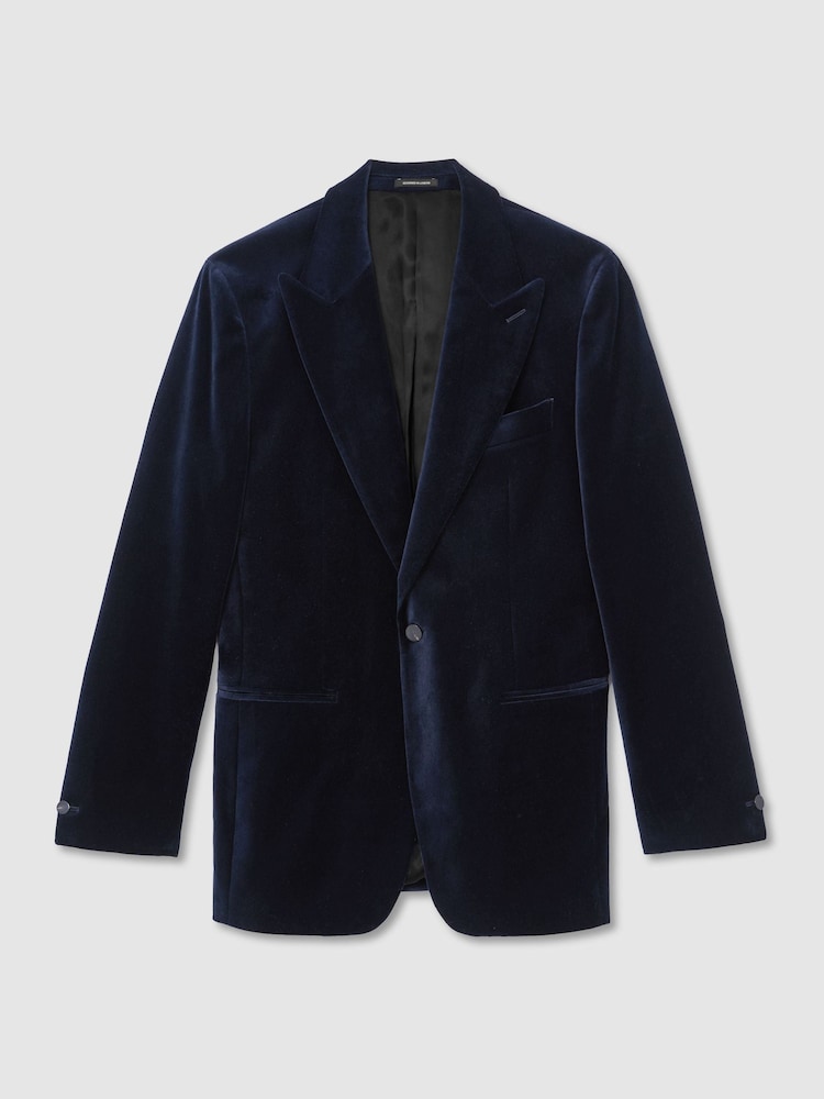 Reiss Navy Apsara Tailored Fit Velvet Single-Breasted Blazer - Image 2 of 8 Reiss Navy Apsara Tailored Fit Velvet Single-Breasted Blazer - Image 2 of 8