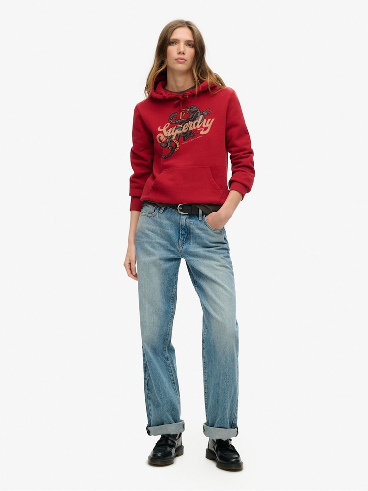 Superdry Red Dahlia Tattoo Script Graphic Hoodie - Image 2 of 5