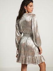 Silver / Pink Long Sleeve Metallic Wrap Mini Dress - Image 4 of 7